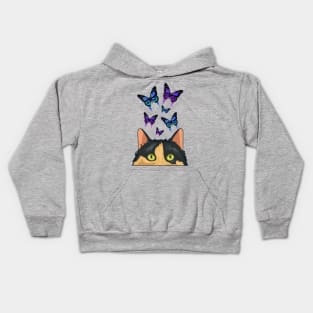 Funny cat Spying on butterflies Kids Hoodie